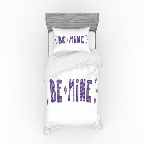 Saying Duvet Cover Set, Heart and Cloud Built-in Bold Typographic Lettering Be Mine Message, Bedding Set with Shams and Fitted Sheet, 3 Sizes, by Ambesonne