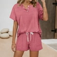 thumbnail image 2 of Women's Solid Color Short-Sleeved Casual Set, Button-Down V-Neck Top & Drawstring Tie-Up Shorts, 2-Piece Loose Lounge Outfit with Pockets – Summer Sportswear, 2 of 5