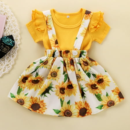 

Leutsin Newborn Baby Girls Ruffled Solid Color Tops+Floral Print Suspender Skirt Set