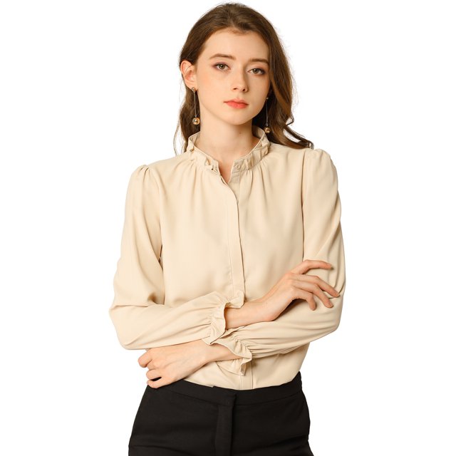 Blusa de Chifón Allegra K con Cuello Levantado y Volantes de Manga Larga Albaricoque M