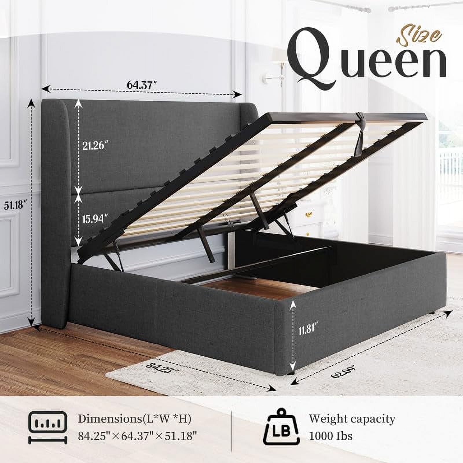 VanAcc Lift up Storage Bed Queen Size Upholstered Platform Bed Frame, Modern Wingback Headboard, No Box Spring Needed, Light Grey