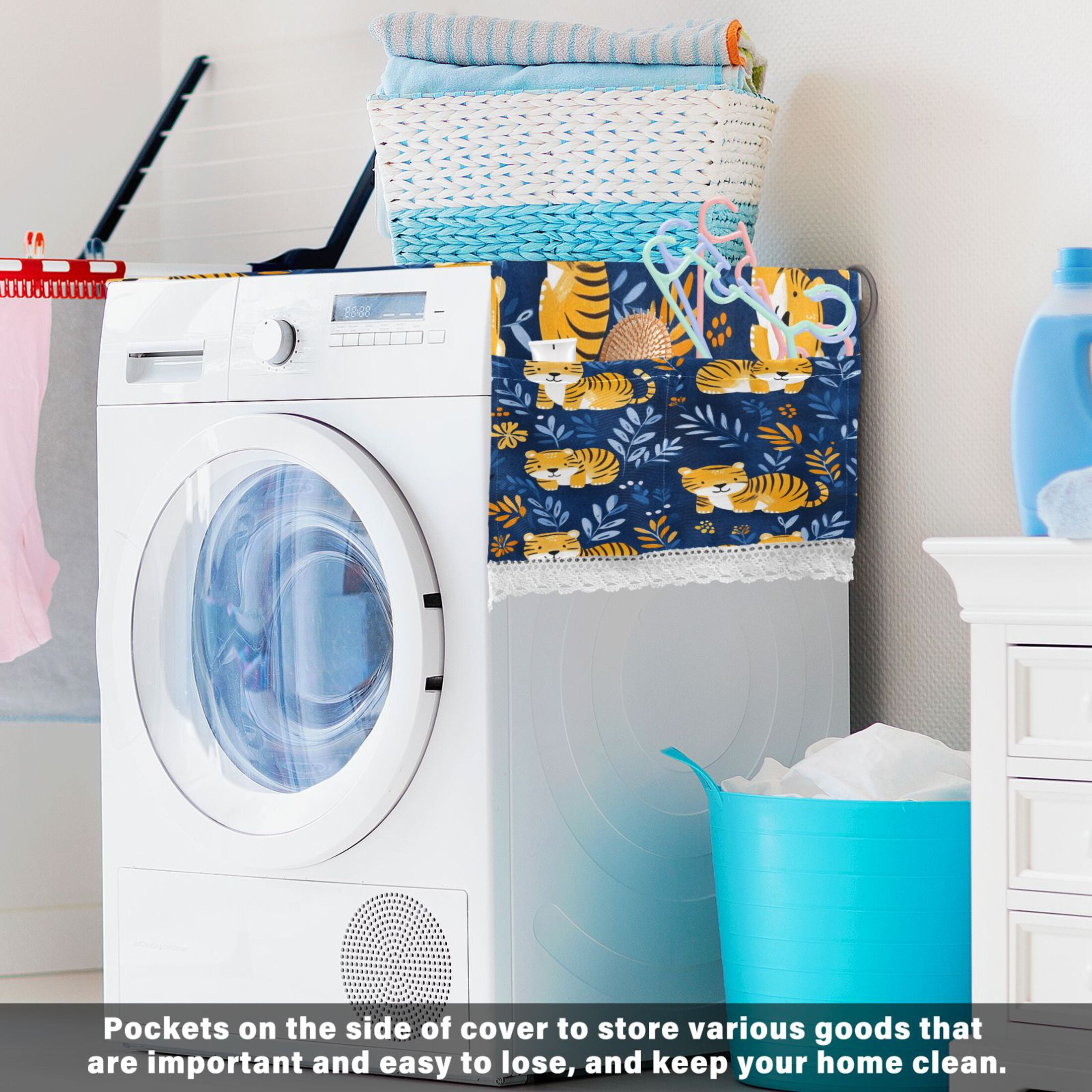 Lovely TigerWasher and Dryer Covers Dust-Proof and Oil Resistant Fridge Cover with 4 Storage Pockets Washing Machine Top Cover for Laundry Kitchen Home 51.2 x 22 In