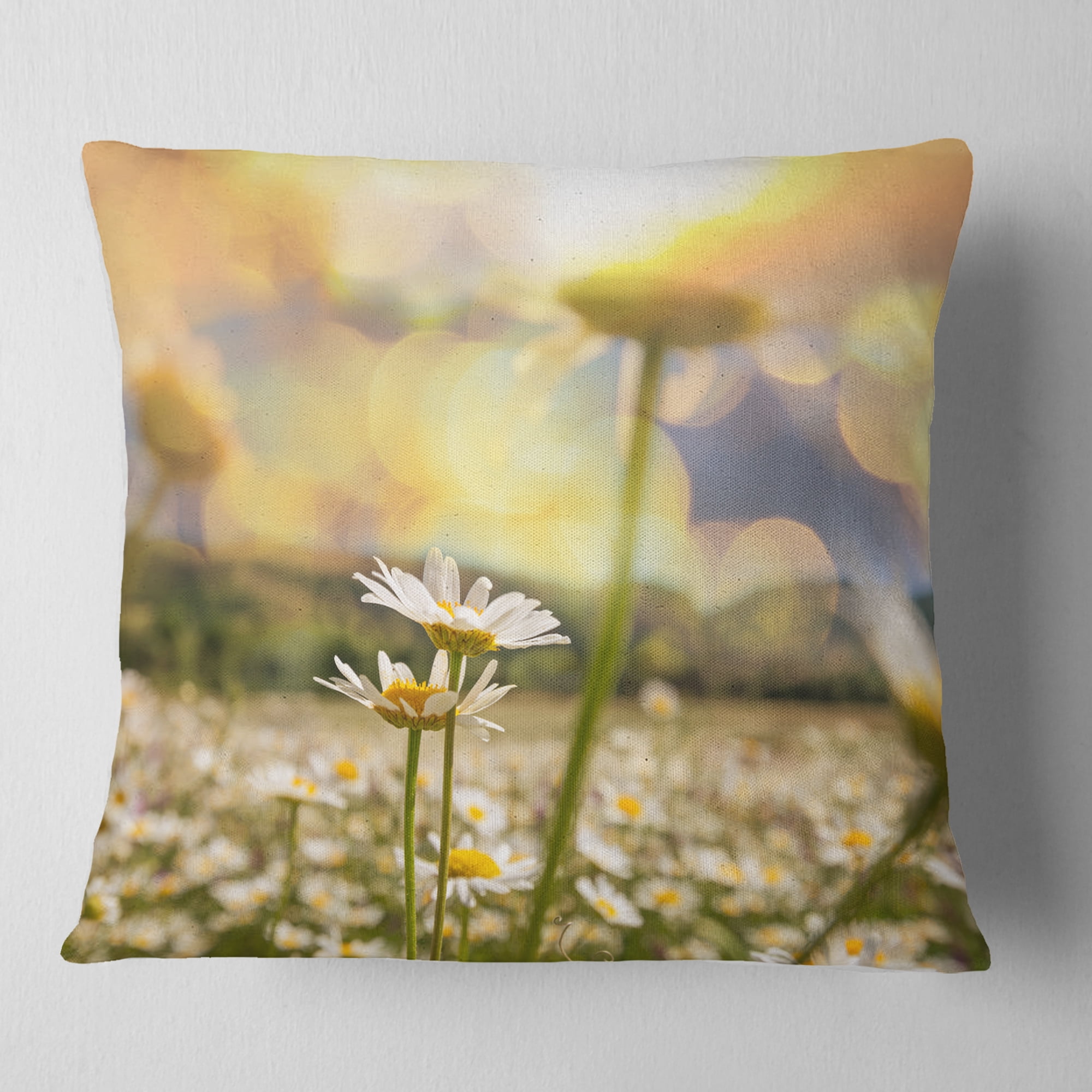Designart Blooming Chamomiles Flowers - Landscape Printed Throw Pillow - 16x16