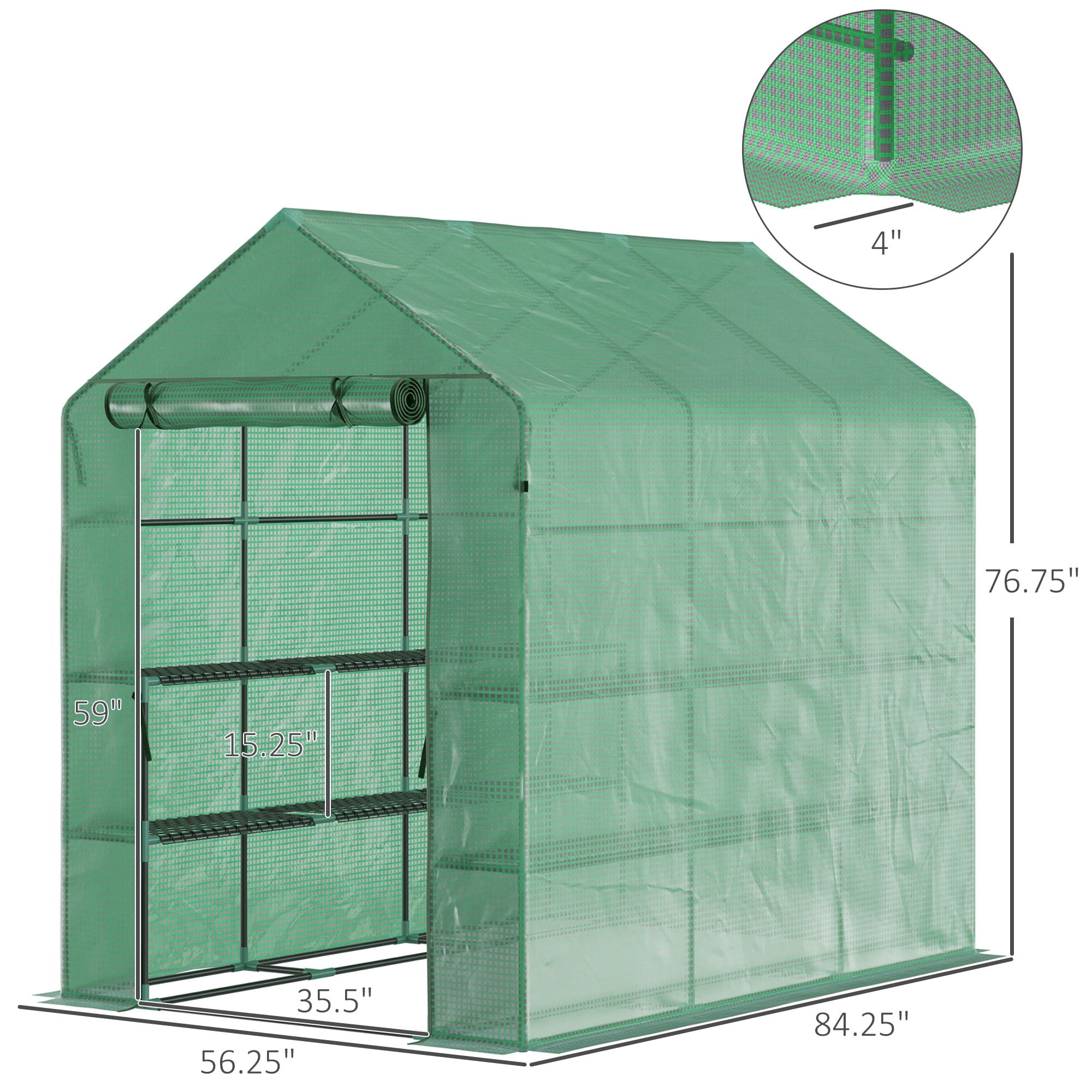 Outsunny 7' x 5' x 6.5' Walk-in Greenhouse, PE Cover, 2-Tier Shelves, Steel Frame Hot house, Roll-Up Zipper Door for Flowers, Vegetables, Saplings, Tropical Plants, Green