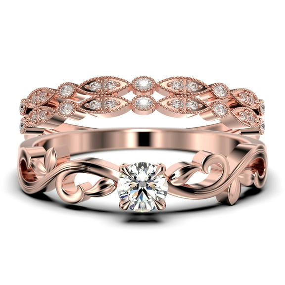 Vintage Twisted Salt And Pepper 1.50 Carat Round Cut Diamond Moissanite Engagement Ring, Antique Design Wedding Ring in10k Solid Rose Gold, Promise Ring, Trio Set, Matching Band