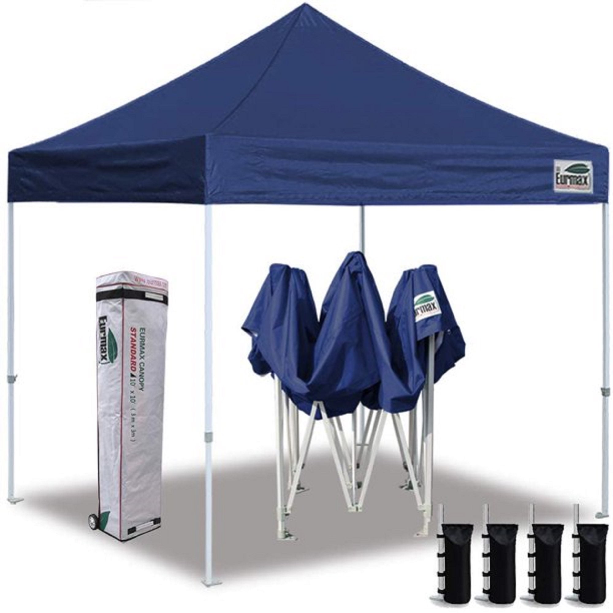 Bonus 4 SandBags 3 Cross-Bar Striped Blue Eurmax 10x10 Ez Pop-up Booth Canopy Tent Commercial Instant Canopies with 1 Full Sidewall & 3 Half Walls and Roller Bag