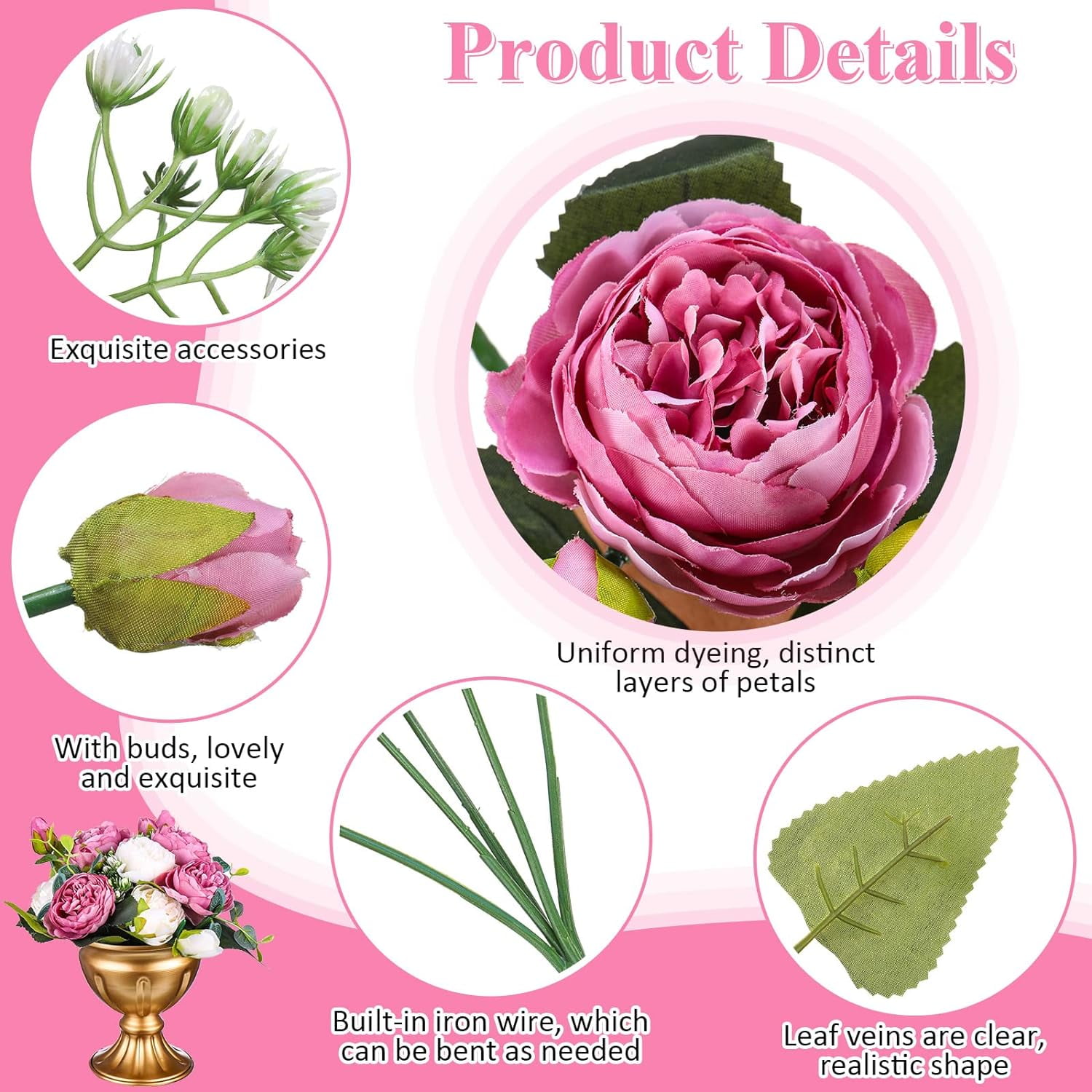 24 Bundles Artificial Peonies Flowers Wedding Faux Flowers Silk Peony Bouquet Bulk Bride Fake Florals Arrangements for Table Centerpieces Wedding ​Party Vase Decor (Light Pink)