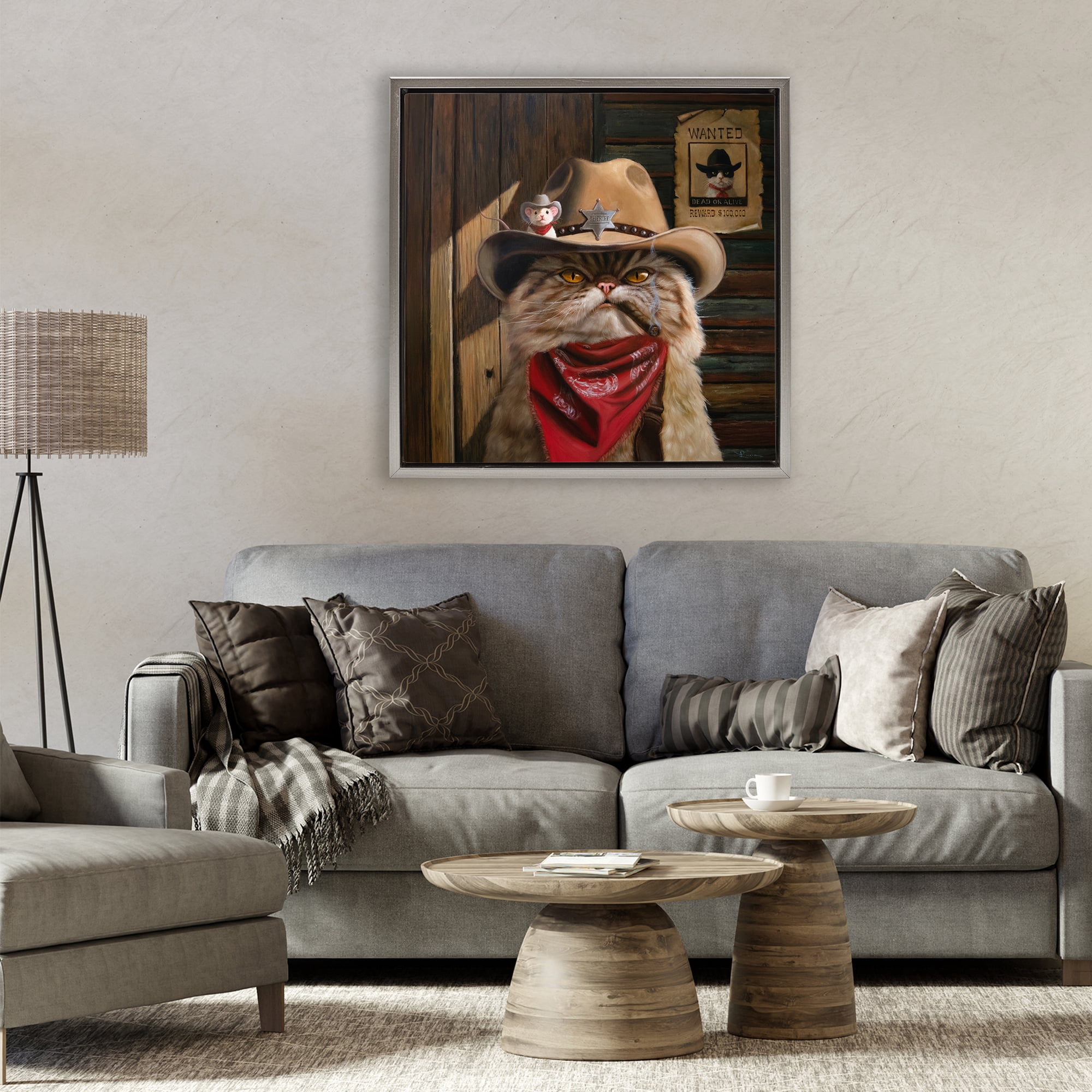 Deputy Purrkins Cat Sheriff Gray Framed Floater Canvas Wall Art, design by Lucia Heffernan