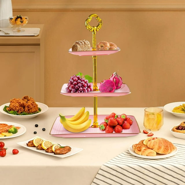 Bracket For Cupcakes 3 Storey With Rim Plastic Stand Tiered Serving Tray Tower Dessert For Tea Party Infant Shower And Wedding Rectangle