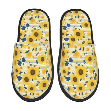 Balery Navy Blue Leaf Sunflower Slient Indoor Furry Fleece Comfort House Shoes Soft Non-Slip Home Shoes Cotton slippers House Slippers-- Large
