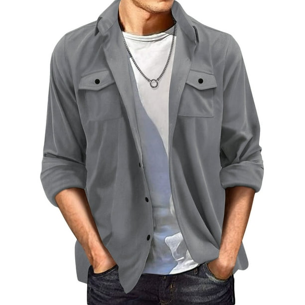Blusa y camisa de manga larga con cuello vuelto para hombre, de gamuza, con solapa, botones y bolsillo, informal, de manga larga, sin capucha, para hombre