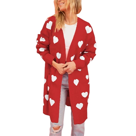 HNMKIU Women's Valentine's Day Knitted Cardigan Pocket V Neck Mid Length Coat Cardigan Sweaters for Women Red,L