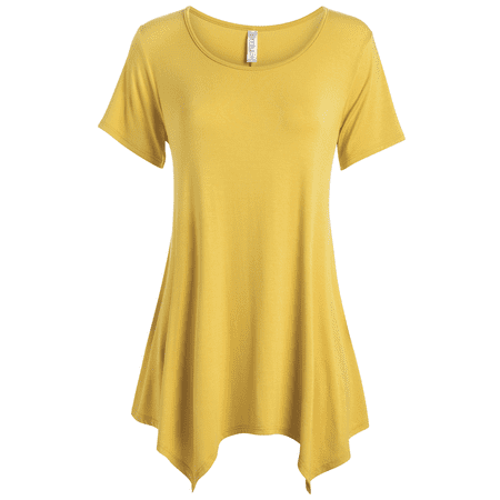 Red Coral Turquoise Ring - Womens Short Sleeve Flowy Tunic Top Handkerchief Hem Swing Scoop Neck Tunic Tops - USA