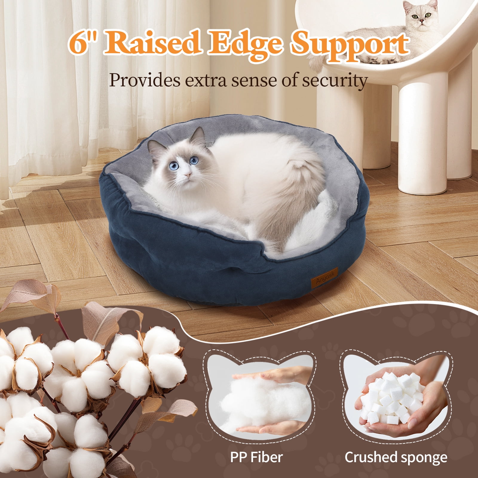 Anyask Round Soft Cat Beds for Small Indoor Cats Dog Up to 15 lbs, Blue 20"x19"x6"