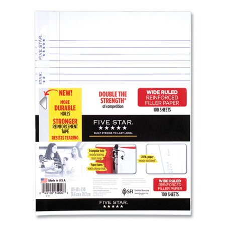 Five Star Reinforced Filler Paper, 3-Hole, 8 x 10.5, Wide/Legal Rule, 100/Pack