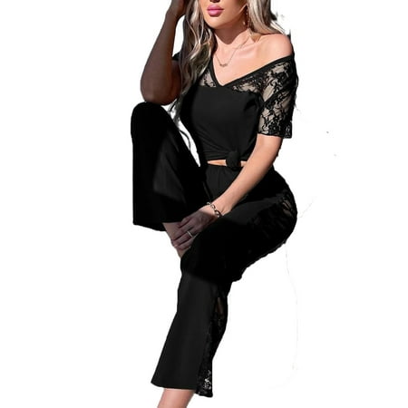 

V neck Casual Floral Pant Sets Black Short Sleeve Women Pajama Sets