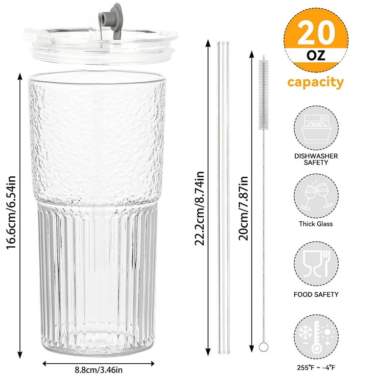 JUNLIN 2 Piece 20 oz Glass Cups Set with Lid and Straw, High Borosilicate Tumbler, Clear, Dishwasher Safe, Iced Coffee Glasses