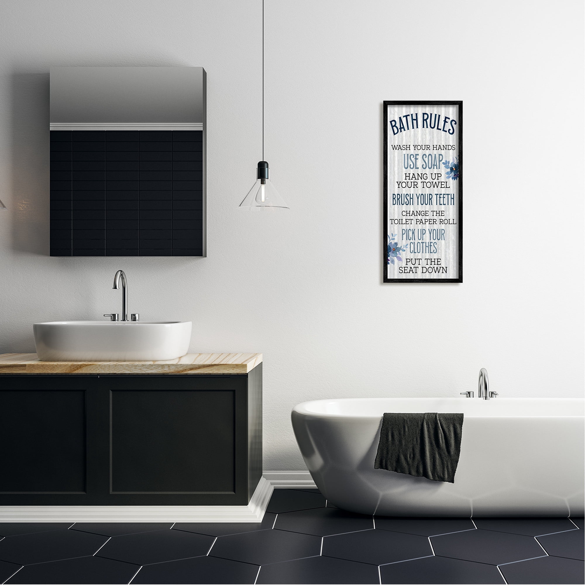 Stupell Industries Bathroom Rules Striped Floral List Graphic Art Black Framed Art Print Wall Art, Design by Kim Allen