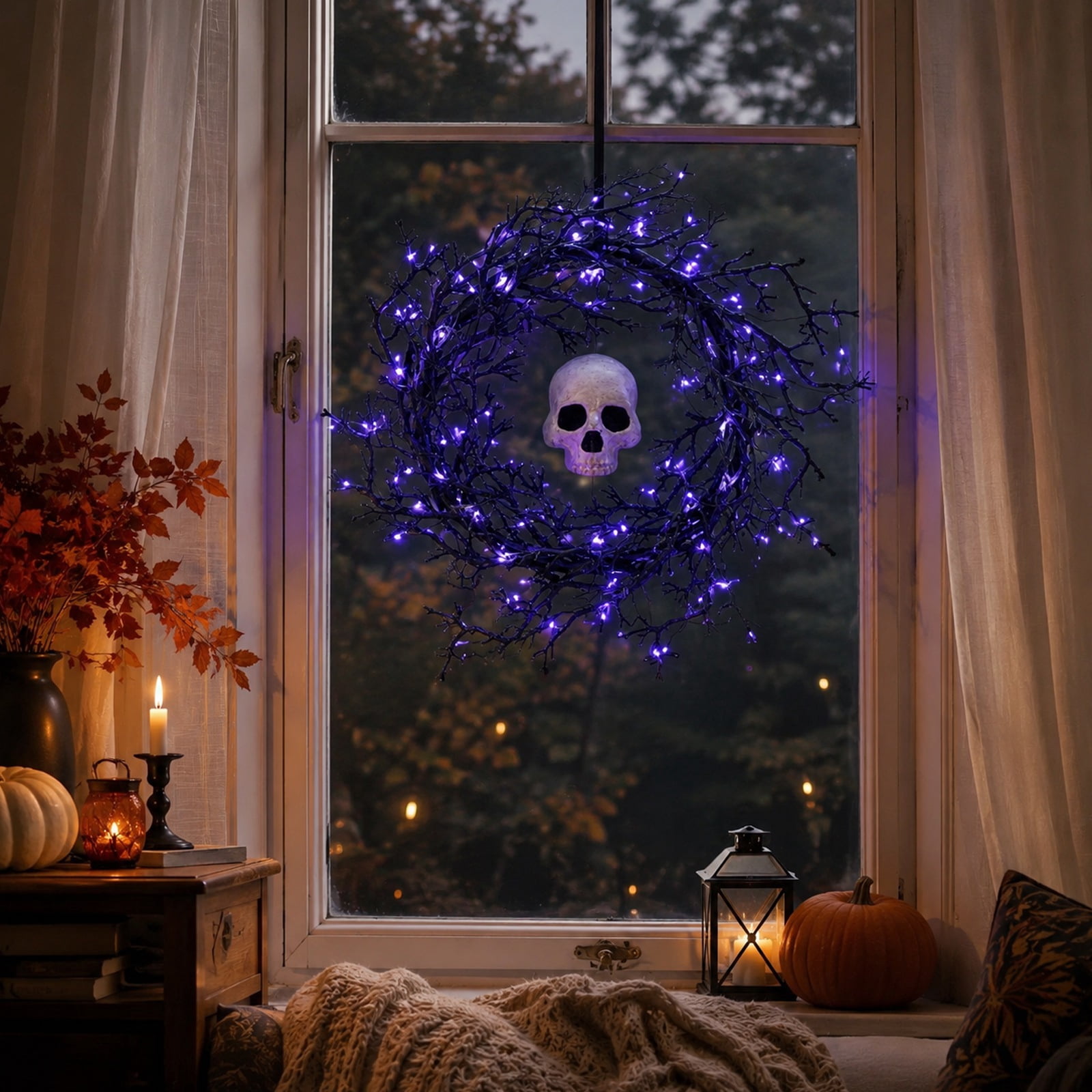 20 Inch Pre-Lit Halloween Ghost Wreath with Lights for Front Door, Spooky Illuminated Door Hanger Wreath for Outdoor Porch Wall Yard Holiday Party Home Decoration