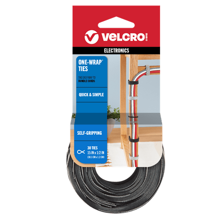 VELCRO Brand ONE-WRAP® Ties | Strong & Reusable | Perfect for Fastening Wires & Organizing Cords | Black/Gray, 15in x 1/2-Inch | 30 Count (94257)