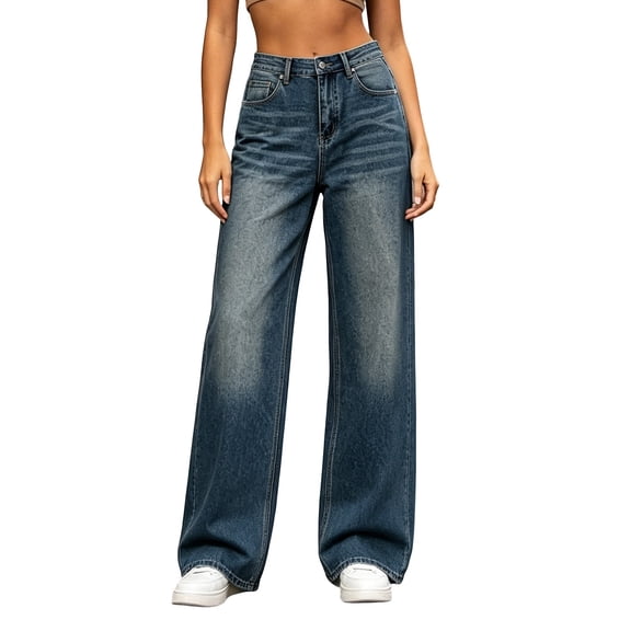 Njagoc3 Jeans for Women Baggy Wide Leg Womens Jeans Elastic Waist Low Mid Rise Denim Pants with Pockets