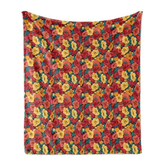 Anemone Flower Soft Flannel Fleece Blanket, Retro Style Floral Pattern Romantic Botanical Spring Composition, Cozy Plush for Indoor and Outdoor Use, 50" x 60", Dark Coral Teal Yellow, by Ambesonne