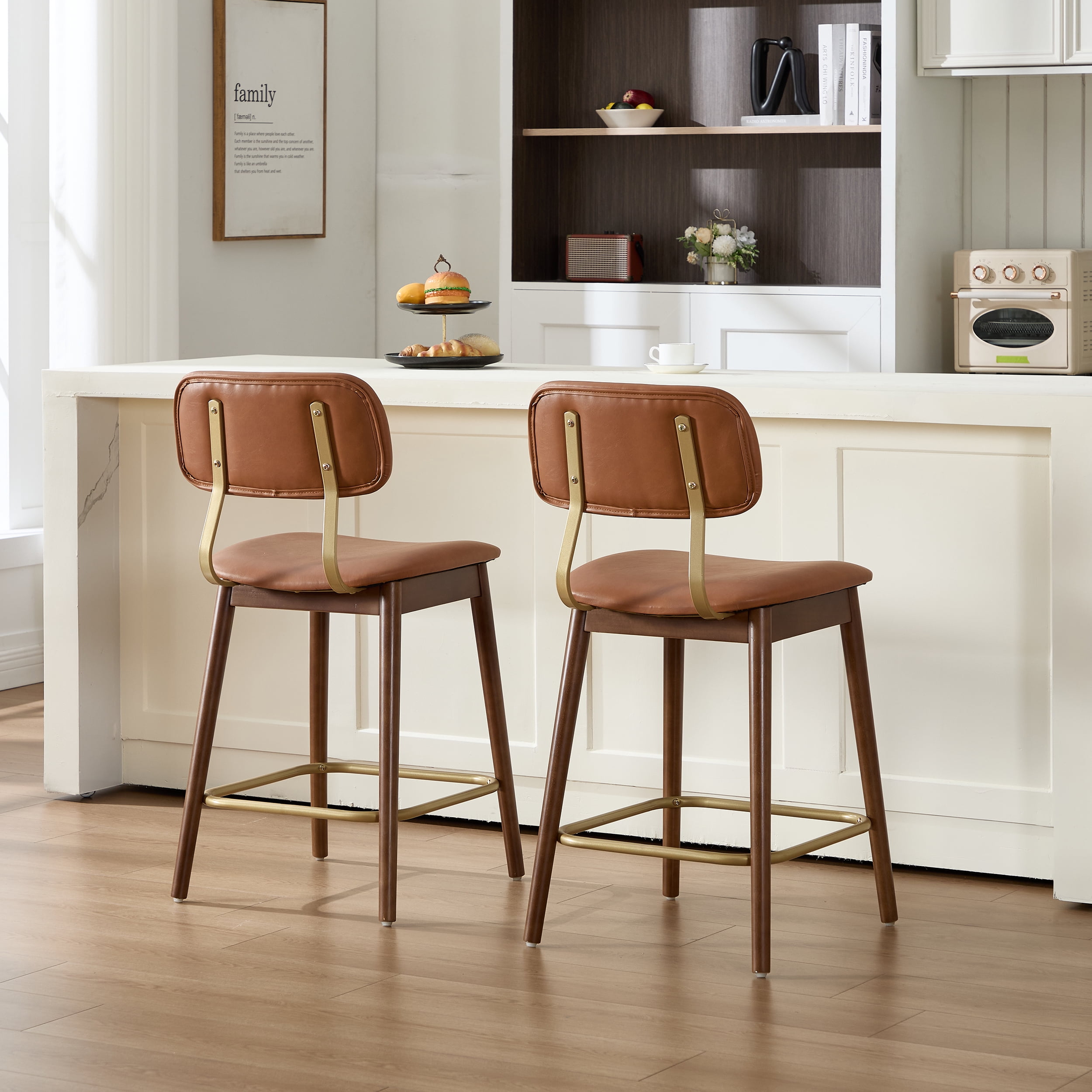 Garitin Bar Stool Set of 2 and Counter Height Chairs, Wooden Vinyl Upholstered Seating with Curved Backrest for Kitchen Bar, Brown
