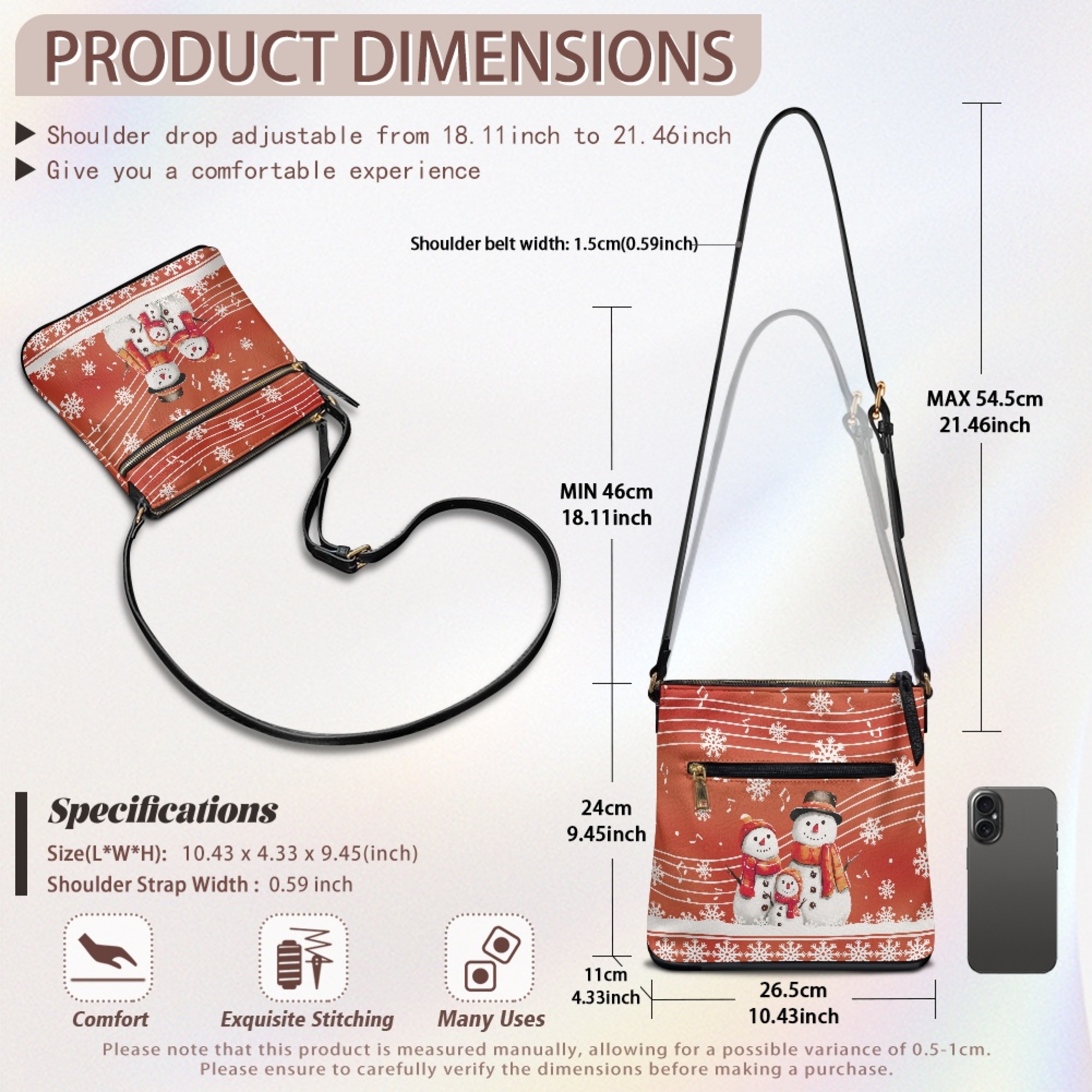 Kuiaobaty Snowman Snowflake Print Crossbody Bag for Women Travel, Waterproof Vegan Leather Hobo Handbag Crossbody, Roomy Sturdy Messenger Purse with Adjustable Strap for Travel