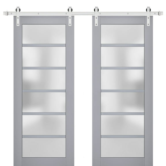 Sturdy Double Barn Door with Frosted Glass | Veregio 7602 Matte Grey | 13FT Rail Hangers Heavy Set | Solid Panel Interior Doors-36" x 96" (2* 18x96)-Silver Rail