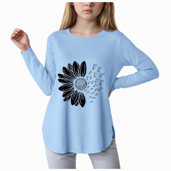 mgoYE Girl T-Shirts Girls Long Sleeve Shirts Floral Shirt Kids Crewneck Soft Tunic Tops Curve Hem Side Slit T-Shirts(Sky Blue,7-8 Years)