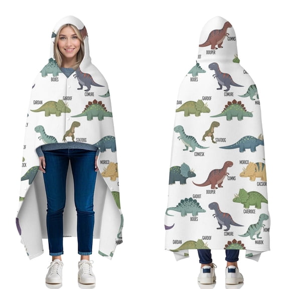 Wearable Blanket,White Cartoon Dinosaurs Names Pattern Hooded Wearable Flannel Blanket for Adults & Teens with Buckle,Winter Poncho Shawl Wrap Cape,50"x60"