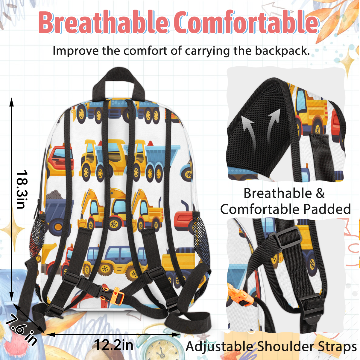 Herdesigns Tractors Trucks Excavator Large Backpack Set with Lunch Box Lightweight Water Resistant Travel Laptop Backpacks Casual Daypacks for Women Men