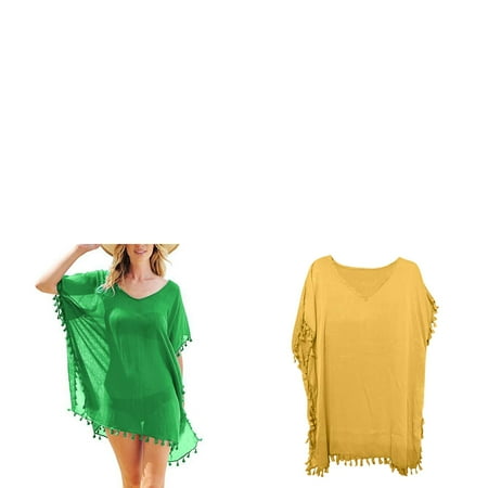 Wijhcboe 2 Pack Women s plus Size Swim Dress 4x Trim Kaftan Chiffon Tassels Two Piece Swimsuits for Women plus Size Shorts Swimwear Beach Loose Bikini Cover Up plus Size Swim Wear Female Womens Swim
