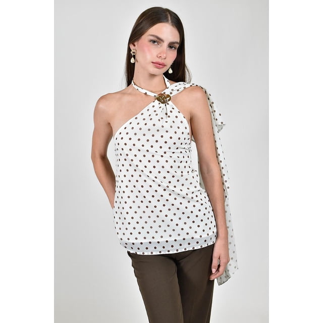 Blusa Halter con estampado de lunares Roman Fashion /Juvenil, 5016 (Blanco) blanco M