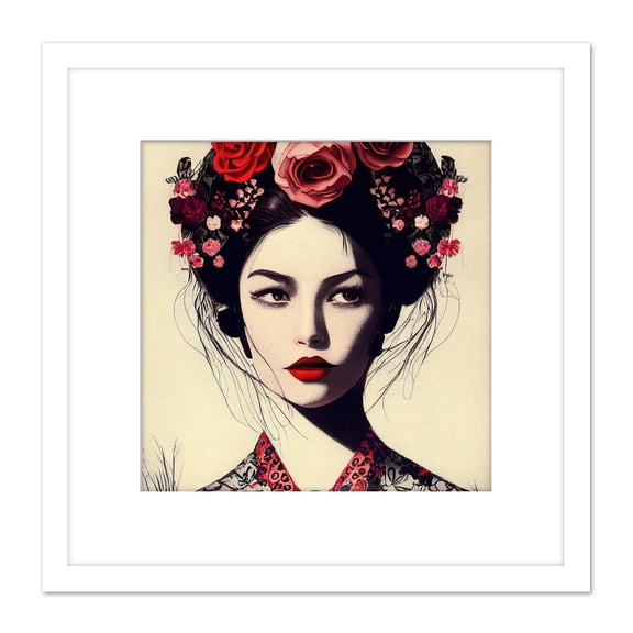 Retro Funky Flower Hair Kimono Vintage Style Floral Portrait Illustration Square Wooden Framed Wall Art Print Picture 8X8 Inch