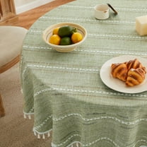 Hemstitched Embroidery Striped Boho Tablecloth 60 Inch Round Green, Heavy Weight Farmhouse Burlap Linen Sage Green Tablecloth, Wrinkle Resistant Washable Table Cloth for Round Table
