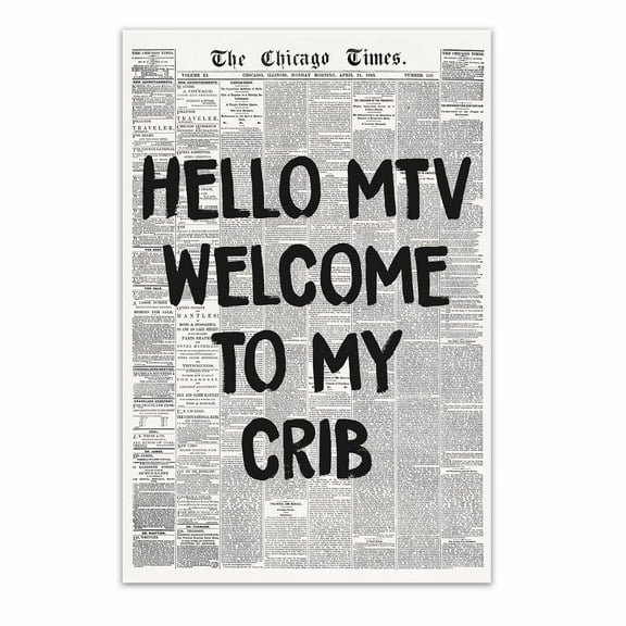Hello MTV Welcome To My Crib Posters Canvas, Black and White Newspaper Wall Art, Vintage 70'S Room Aesthetic Picture Prints for Home Apartment Drom Living Room Bedroom Decor