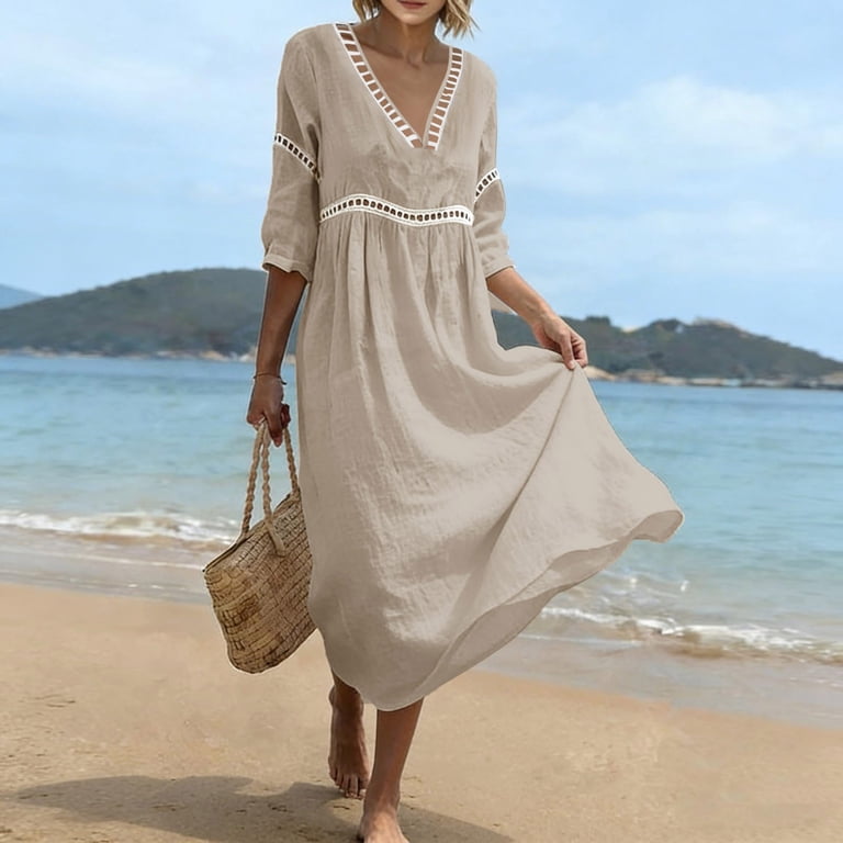 ZHAGHMIN Summer Dress Women 3/4 Sleeve Casual Dress Hollow V Neck Dress Cotton Blouse Dress Casual Maxi Dress Tunic Dresses Beige L2