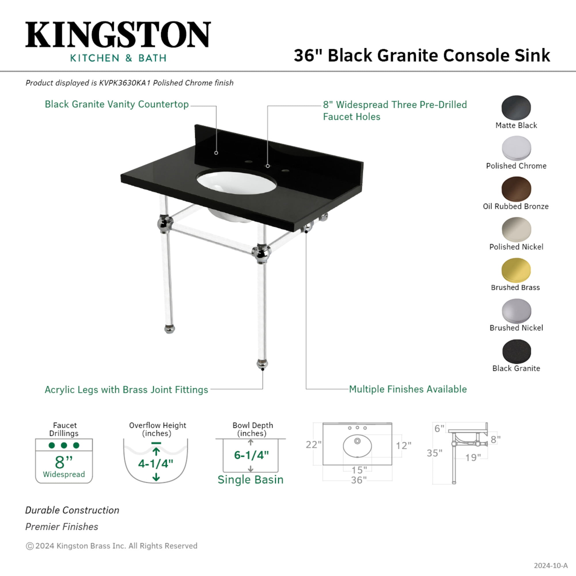 Kingston Brass KVPK3630KA1 Templeton 36" Black Granite Console Sink with Acrylic Legs (8-Inch, 3-Hole), Black Granite/Polished Chrome