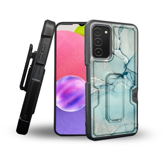 ANJ  Rugged Shockproof Holster Case Card Slot Kickstand   Tempered Glass Cover for Samsung Galaxy A03s - Green Marble