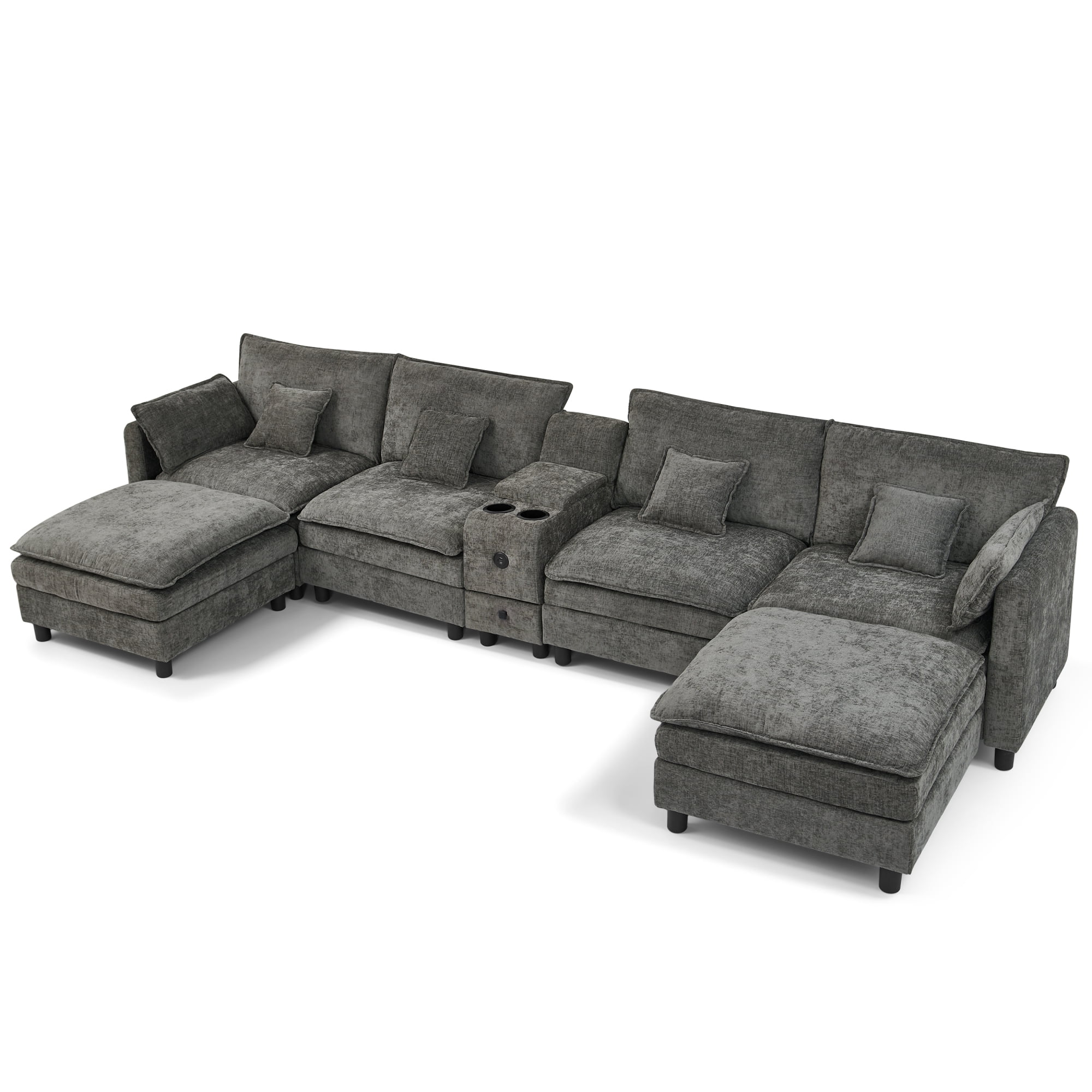 Modular U-Shaped Sectional Sofa with Reversible Chaise, USB Charging Ports & Storage Drawer, 6-Seater Sofa Couch with Flip-Top Cup Holder Console, Arm Pockets & Detachable Cushions