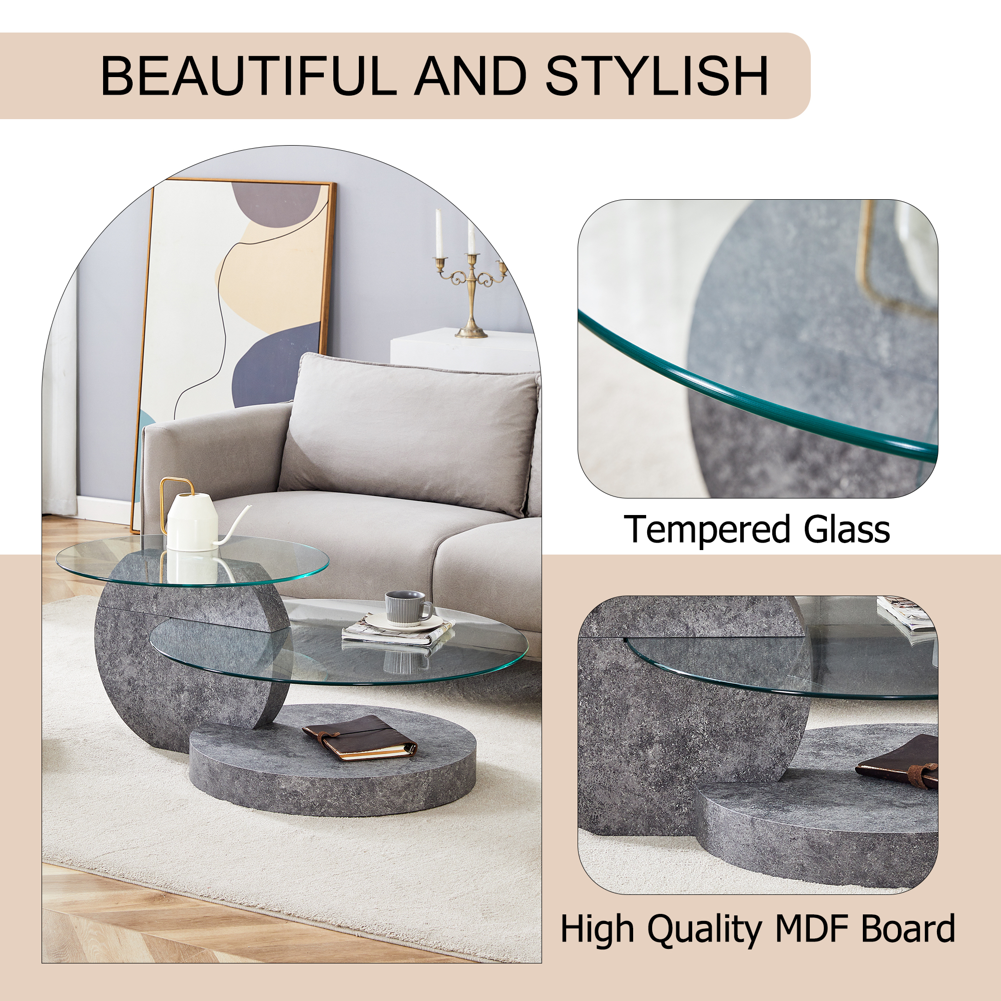 Vanress 42" Glass Coffee Table, Round Coffee Table, Modern Double Layer Round Glass Coffee Table for Living Room, Gray