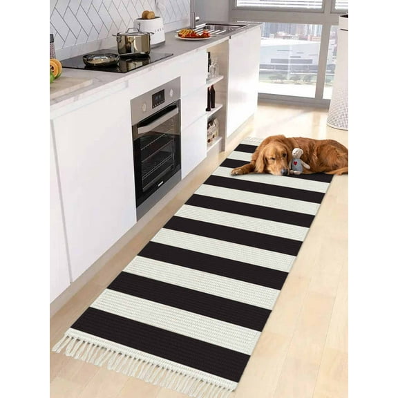 Simple Black White Stripes Entryway Runner Rug 2x4ft, Modern Stripes Washable Woven Living Room Hallway Bedroom Kitchen Carpet with Tassels, Non-Shedding Indoor Outdoor Throw Door Mat for Entryway