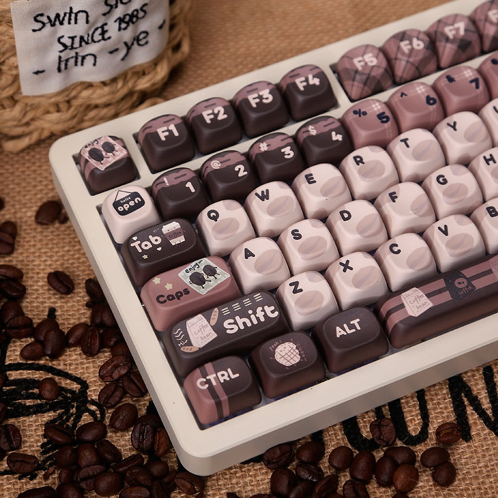 PBT Keycaps Set 131Keys MOA Height Heat Sublimated Cartoon Coffee Beans Theme for Mechanical Keyboards