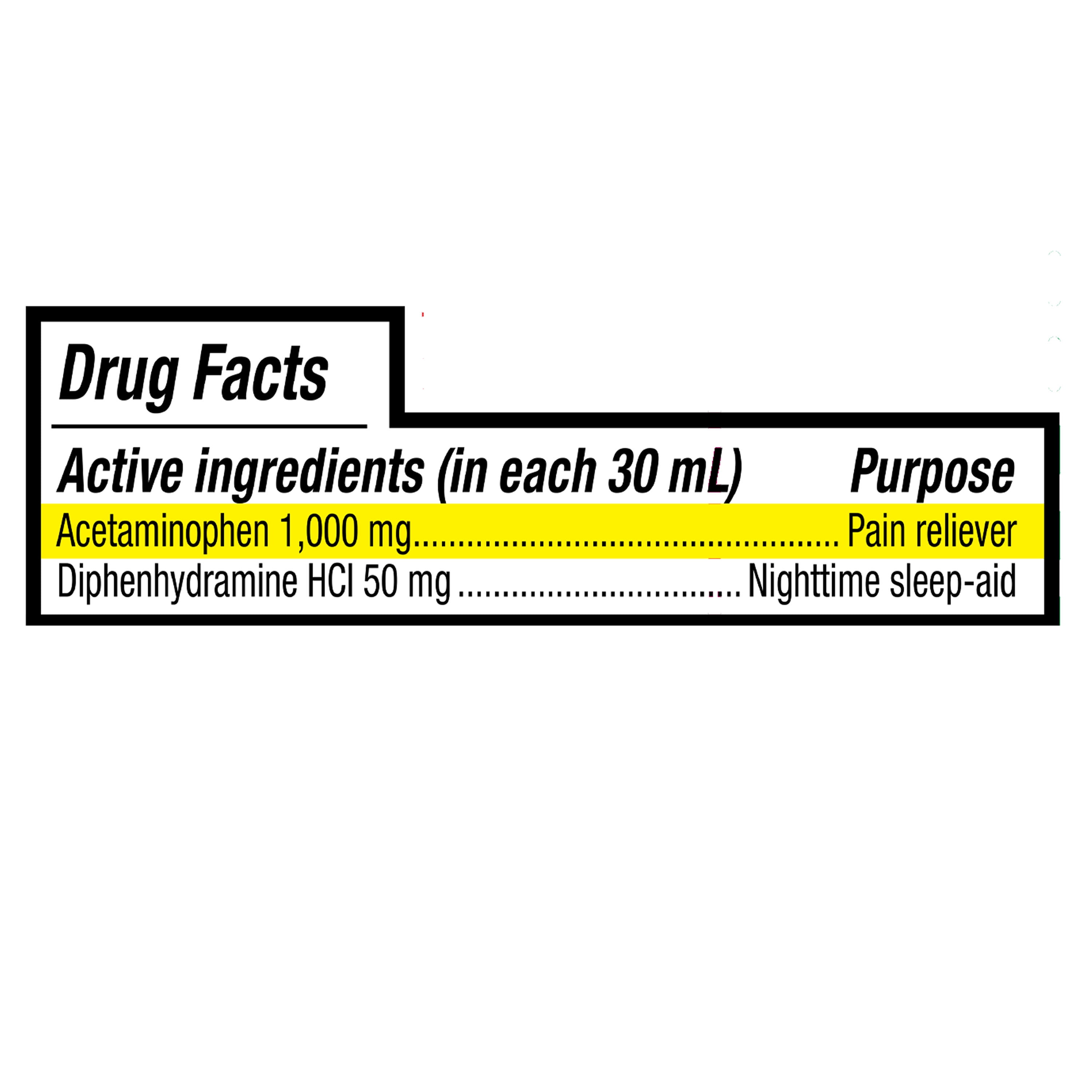 Equate Alcohol-Free Nighttime Pain Reliever+Sleep-Aid Liquid, Acetaminophen 1000mg Diphenhydramine 50 mg, Midnight Berry Flavor, 12 fl oz