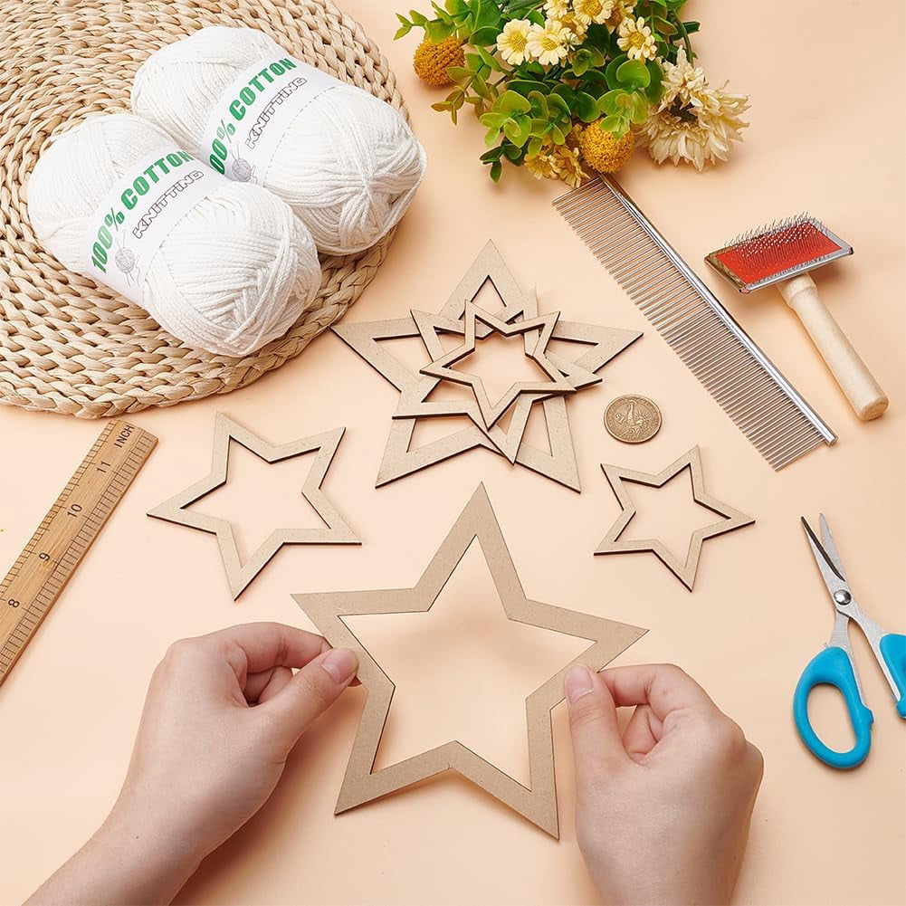 295 Yards/270m 2mm Premium Polyester Macrame Cord Crochet Thread Polyester Crochet Bag Yarn Kit with 6Pcs Wooden Star Frames 2Pcs Tassel Combs for Macrame Decorations DIY Crafts - White White