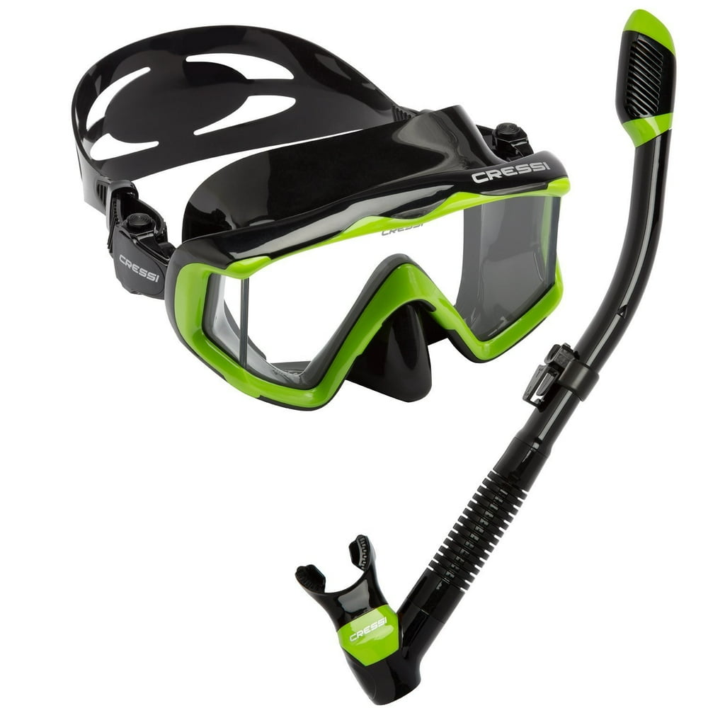 Cressi Panoramic Wide View Mask Dry Snorkel Set, Lime Green / Black
