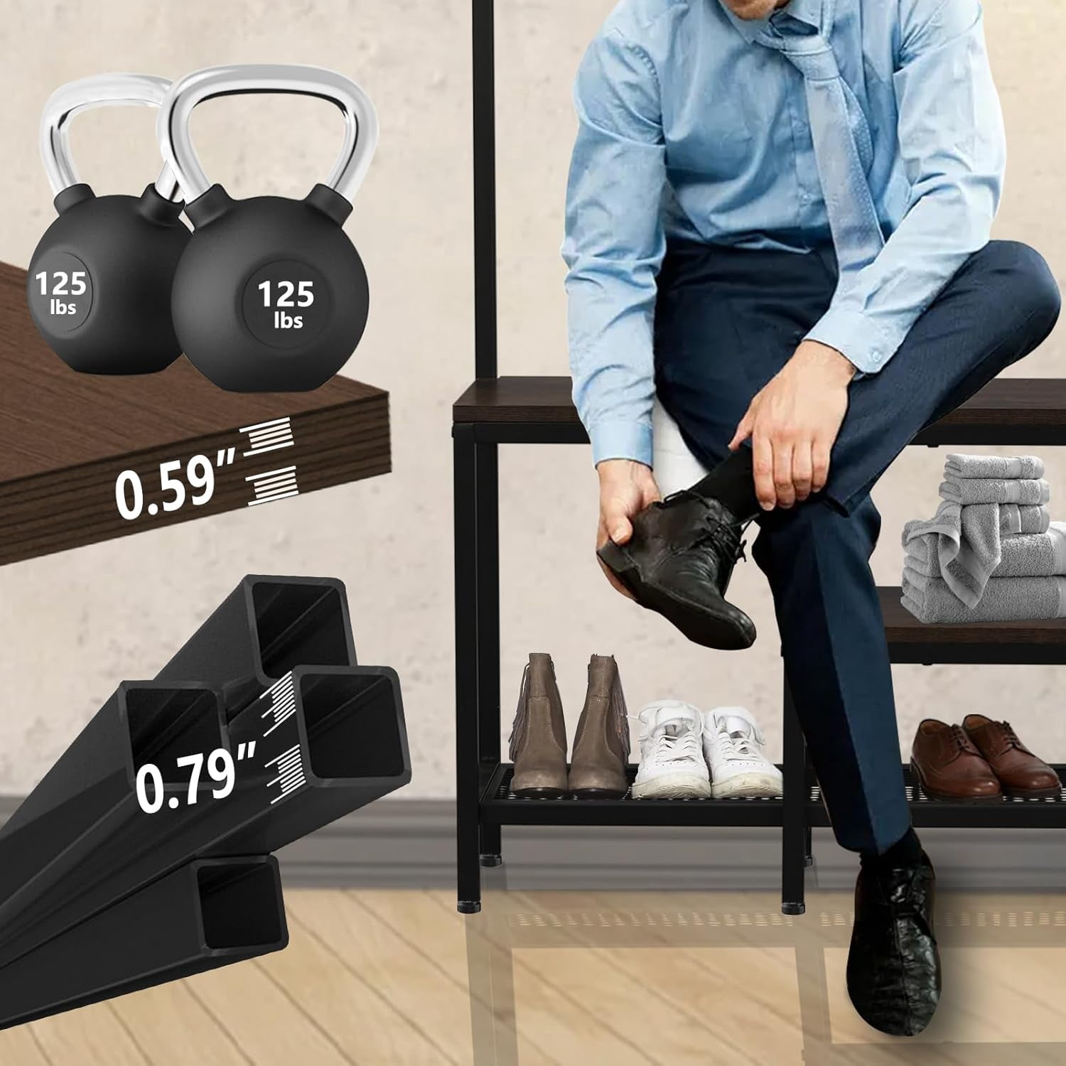 Coat Rack with Shoe Storage, Hall Tree with Bench, 5 in 1 Shoe and Coat Rack for Entryway, with 9 Hooks, A Hanging Rod, 35.5x12x70.8in