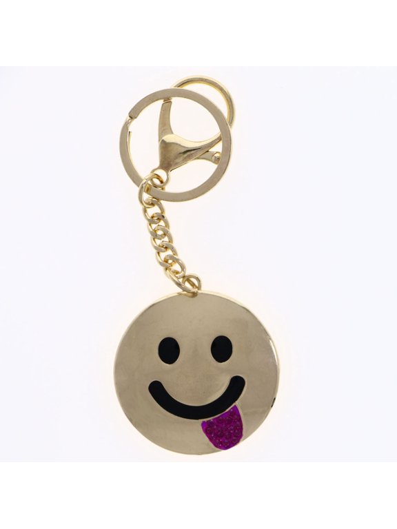 Silly Face Emoji HASHTAG HAHA Split-Ring-Keychain W/ Trigger-Snap Gold-Tone/Pink