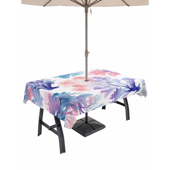 52x70 Inch Outdoor Tablecloth with Umbrella Hole Zipper Rectangle Sea Corals Rectangular Tablecloths Waterproof Coastal Reef Pink Purple Blue Underwater Marine Patio Table Cloth Cover for Picnic